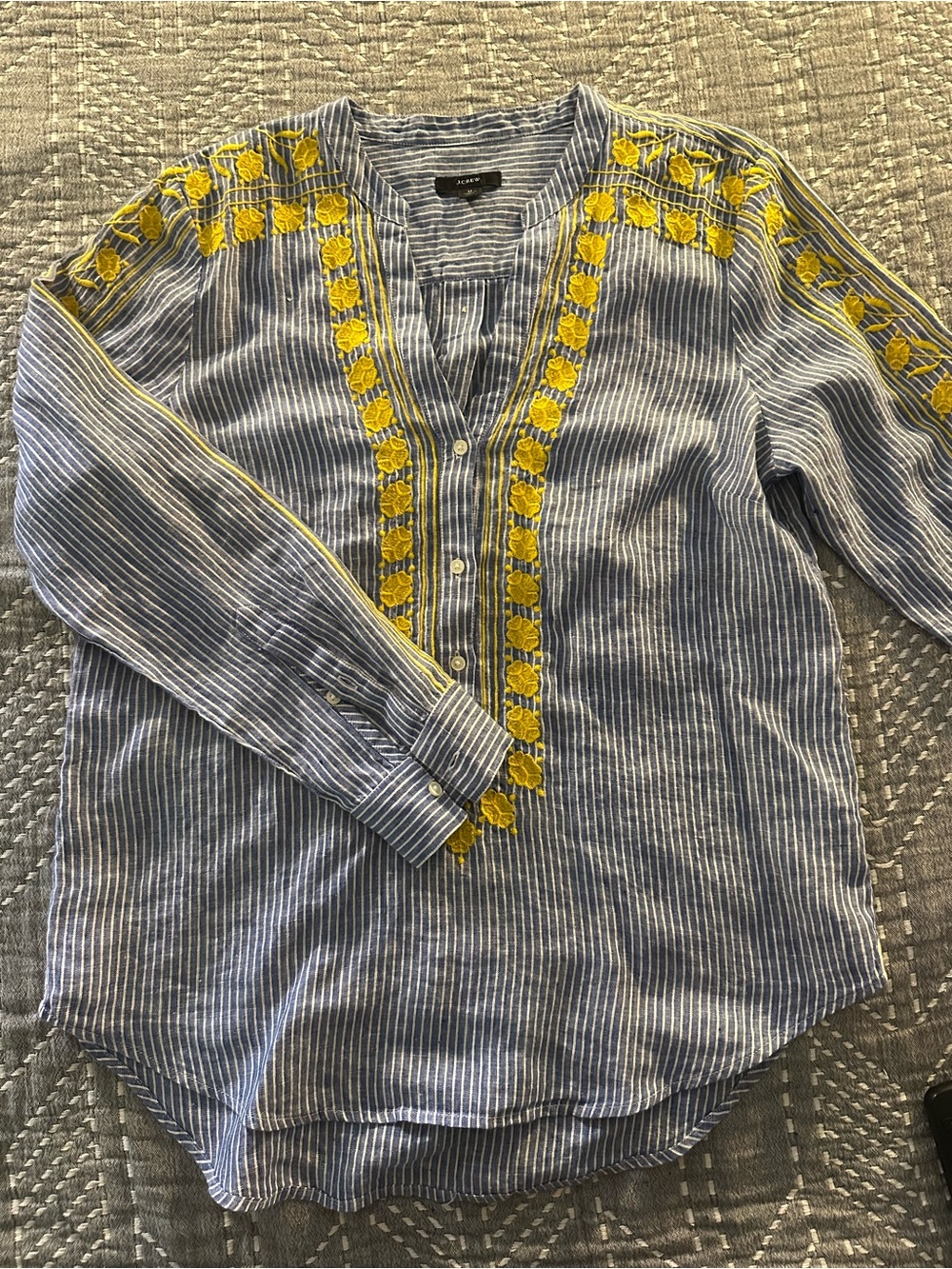NWOT J. Crew Blue and Yellow Striped Embroidered Popover Blouse